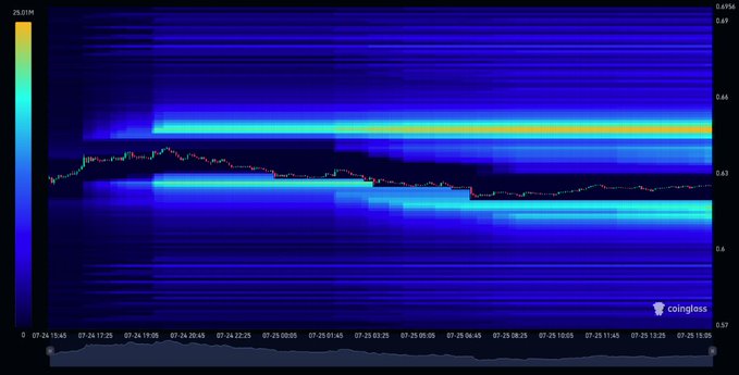 A Coinglass order book/heatmap chart showing liquidity bands in blue with price data on July 25th.