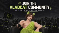 A promotional banner reading 'JOIN THE VLADCAT COMMUNITY - THE CATS ARE ASSEMBLING' featuring a person in a green dress.