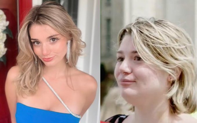 A side-by-side comparison showing a young woman on the left in glamorous makeup, styled hair, and a blue dress with elegant earrings, contrasted against the same woman on the right with a more natural, bare-faced appearance and casual messy hair—visually illustrating the concept of holding through volatility, as referenced by the "$45,000 BTC in 2023 / $45,000 BTC in 2026" caption comparing two seemingly similar price points with very different underlying conditions.