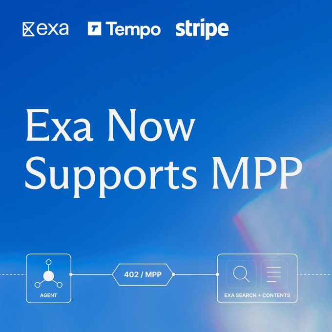 A blue promotional graphic features logos for 'exa', 'Tempo', and 'stripe' at the top, with large white text reading 'Exa Now Supports MPP' and a diagram below showing an 'AGENT' connected via '402 / MPP' to 'EXA SEARCH + CONTENTS'.