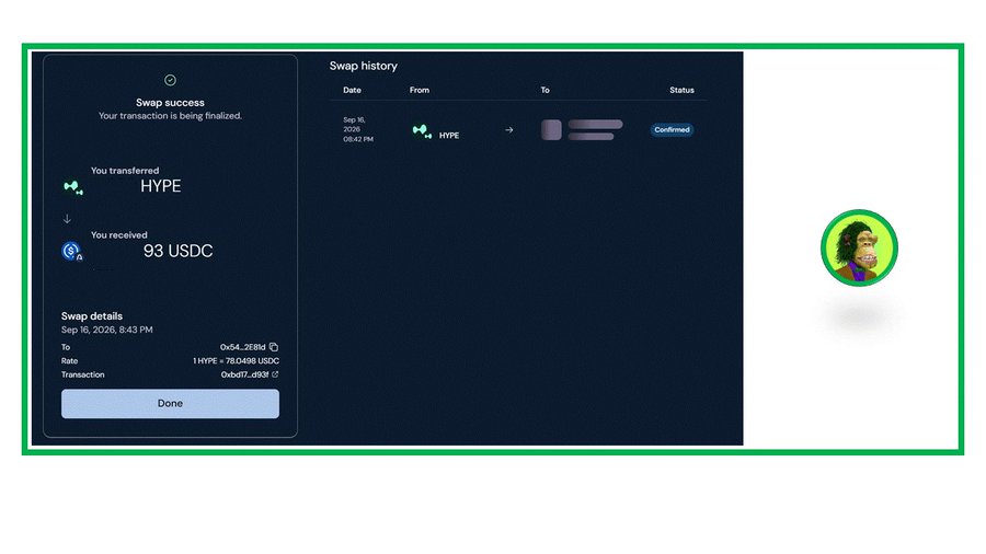 A cryptocurrency swap confirmation screen showing a successful transaction where 1 HYPE token (approximately 54.28 USD) was exchanged for 93 USDC at a rate of 78.0498 USDC, with a profile avatar of a man with curly hair on the right side.
