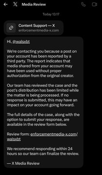 The image shows an X Media Review email from Content Support stating that a post from the account @walshxbt was reported for a third-party policy violation regarding scams, with an option to submit a review form via the provided link. The email directly relates to the post's warning about scam accounts and phishing attempts, as it shows that X has taken action against one such scam account that had allegedly shared a phishing link affecting 280 followers.