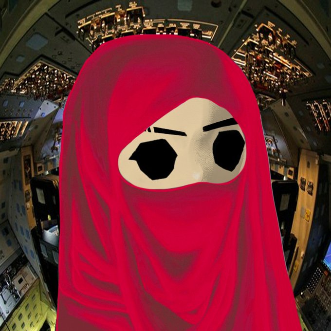 A digital illustration of a figure wearing a red hijab/balaclava, with only two large black eyes visible, set against a backdrop of a complex illuminated control panel or spaceship interior.