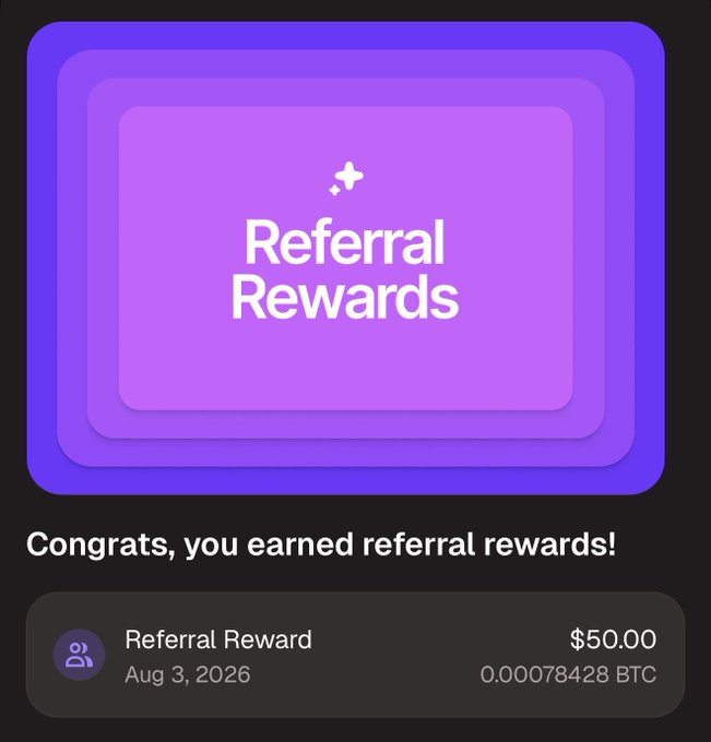 A Gemini Referral Rewards notification showing the user earned $50.00 (0.00078428 BTC) on August 3, 2026, confirming the post's shoutout to Gemini for hooking up a friend and earning crypto rewards together.