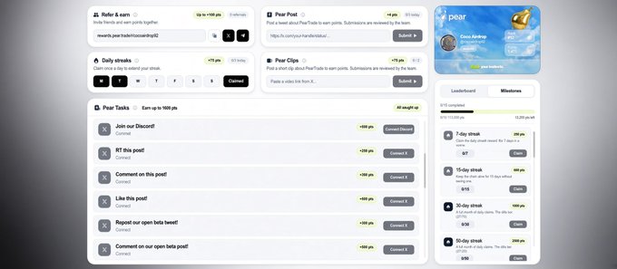 The image shows a Pear Points airdrop dashboard with tasks like "Join our Discord!," "RT this post!," and "Comment on this post!" each worth 100 pts, along with referral and submission features for earning 25 and 10 pear respectively, matching the promotion's social task and check-in rewards outlined in the post.