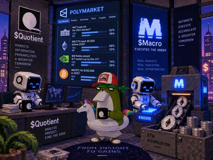 A vibrant promotional illustration featuring cartoon robots for $Quotient and $Macro crypto platforms, with a Polymarket prediction board showing questions like 'Will Trump win the 2024 election?' (62% yes) and an alpaca character.