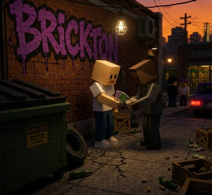 A Minecraft-style scene shows two block-headed characters exchanging cash in a dim alley with purple "BRICKTON" graffiti, a "CAUTION" dumpster, and scattered bottles, perfectly capturing the gritty "$BRICK" hustle narrative of small street-level flips.