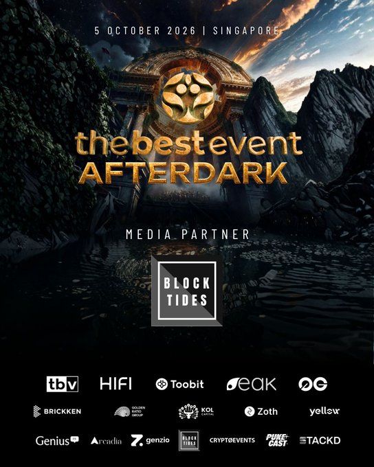 The image is a promotional poster for "The Best Event: AFTERDARK," scheduled for 5 October 2026 in Singapore, featuring Block Tides as the Media Partner. The dark, dramatic design with a glowing emblem showcases various sponsor logos at the bottom, including TBV, HIFI, Toobit, Peak, Zoth, Brickken, Arcadia, and others, tying into the post's emphasis on Block Tides' creative and results-driven approach to the event.