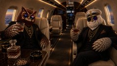 Two anthropomorphic owls dressed in suits and sunglasses sit luxuriously in a private jet, each holding a drink.