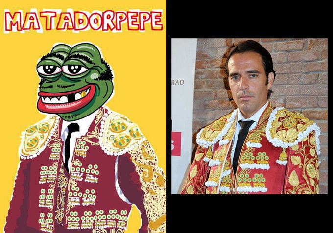 A side-by-side image labeled 'MATADORPEPE' showing a Pepe the Frog cartoon edited into a matador's red and gold suit (traditionl suit of lights) next to a photograph of real matador Cayetano Rivera wearing a similar outfit.