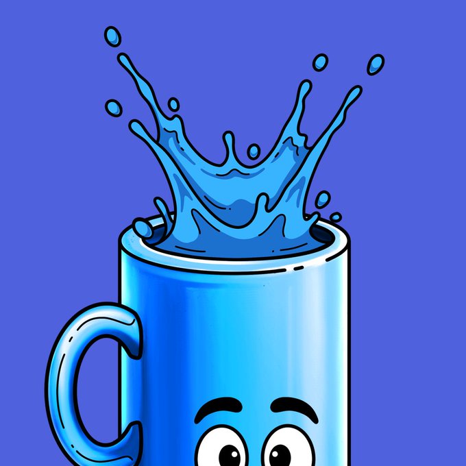 A cartoon illustration of a blue character resembling a water cooler or mug with eyes, splashing blue liquid energetically against a blue background.