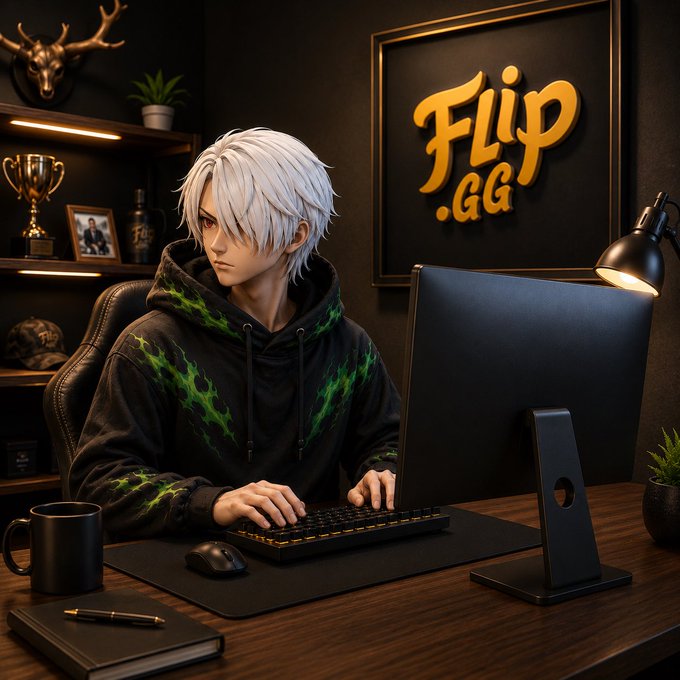 A digital illustration of a white-haired anime-style character in a black and green hoodie at a computer desk, with a 'Flip.GG' sign on the wall behind them.