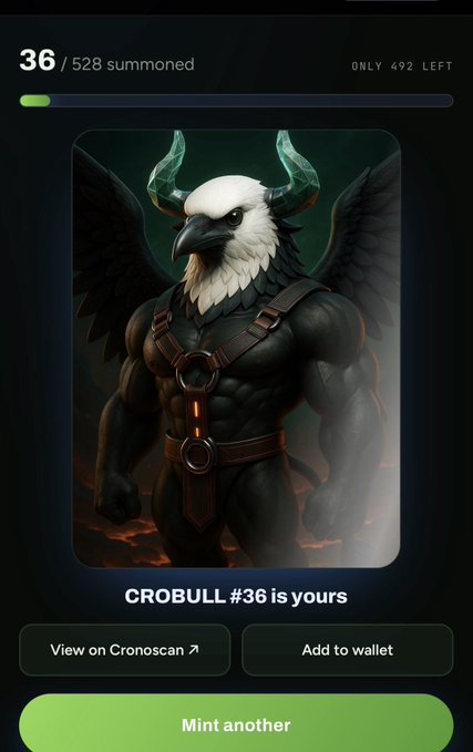 A digital collectible interface displaying 'CROBULL #36', featuring a muscular humanoid character with an eagle's head and horns, indicating 36/528 summoned.