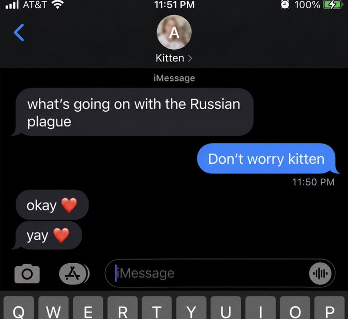 A screenshot of an iMessage chat with contact 'A Kitten' showing a conversation where one person asks 'what's going on with the Russian plague' and the other replies 'Don't worry kitten', followed by 'okay ❤️' and 'yay ❤️'.