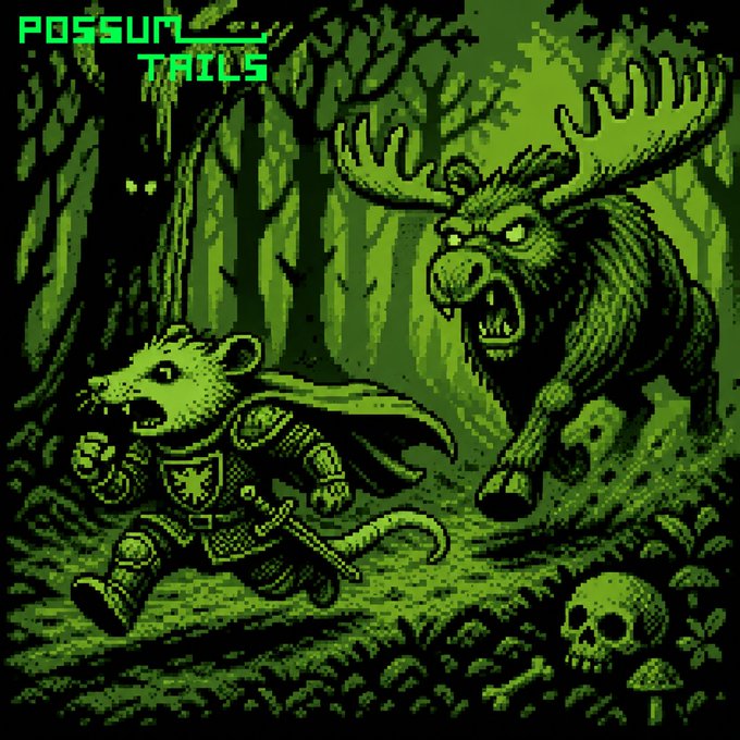 A retro-style green pixel art image titled 'Possum Trails' depicting an armored possum knight being chased by a fierce moose through a forest with glowing eyes in the background.