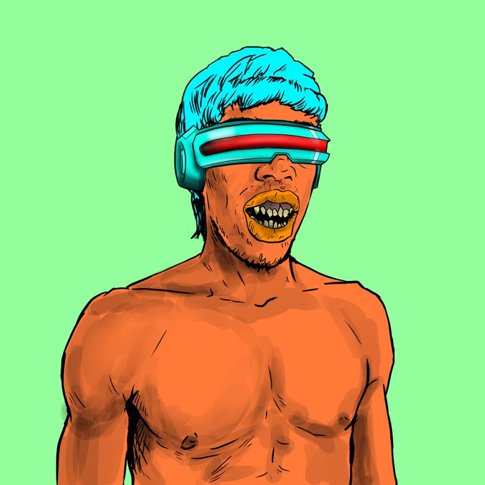A stylized digital illustration shows a bare-chested man with blue hair wearing a futuristic red and blue visor, smiling with gold teeth against a bright green background.
