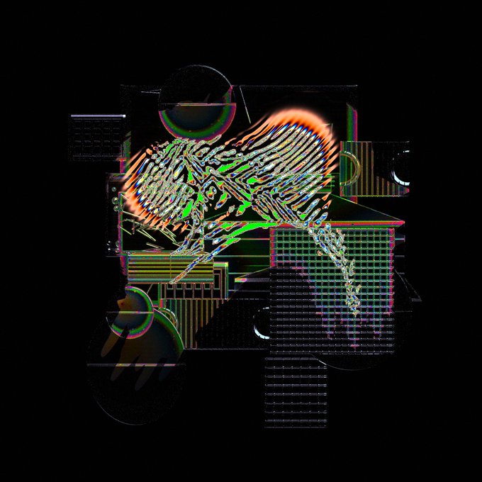 An abstract digital artwork featuring glitch effects, geometric shapes, and colorful squiggly lines against a black background.