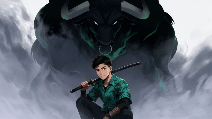A serene yet tense scene presents a young man with a sword ready to face a supernatural green bull. The post alludes to market watchfulness with a mention of $ANSEM, correlating to the alertness and preparedness depicted in the image.