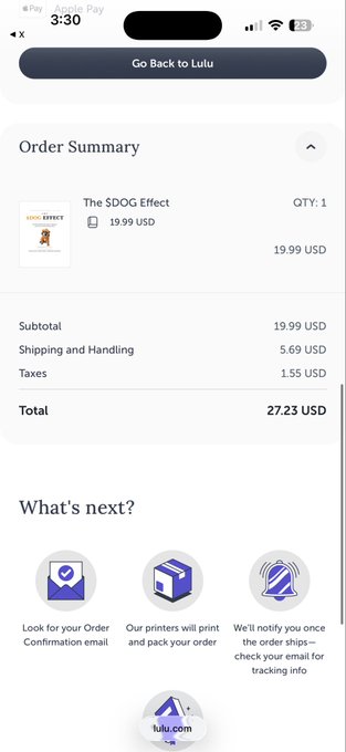 A mobile order summary screen from Lulu.com for a book titled 'The $DOG Effect' priced at 19.99 USD, with a subtotal of 19.99 USD, shipping of 5.69 USD, taxes of 1.55 USD, and a total of 27.23 USD.