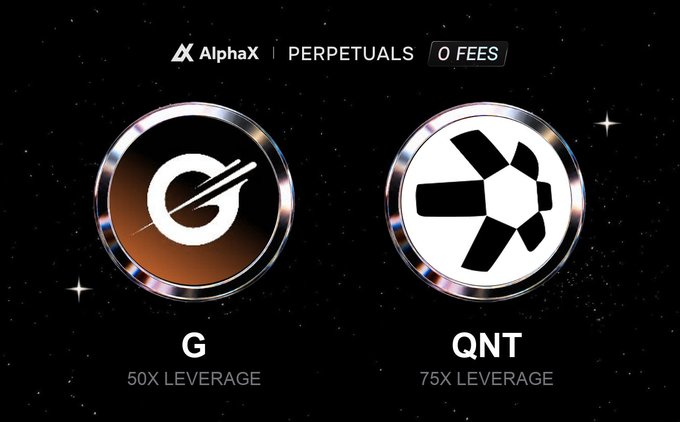 A promotional graphic for 'AlphaX | PERPETUALS 0 FEES' showing two circular logos: 'G' with '50X LEVERAGE' and 'QNT' with '75X LEVERAGE' against a starry background.
