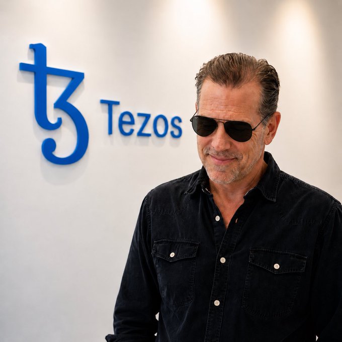 Actor Sylvester Stallone poses in a black button-up shirt and sunglasses in front of a Tezos logo on a white wall.