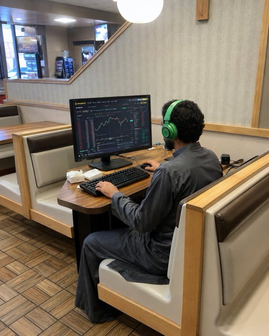 A man wearing green headphones sits in a booth analyzing financial charts on a Binance trading platform displayed on his monitor, while the accompanying post promotes Binance account registration—directly tying the image's focus on active cryptocurrency trading to the call for joining the exchange.