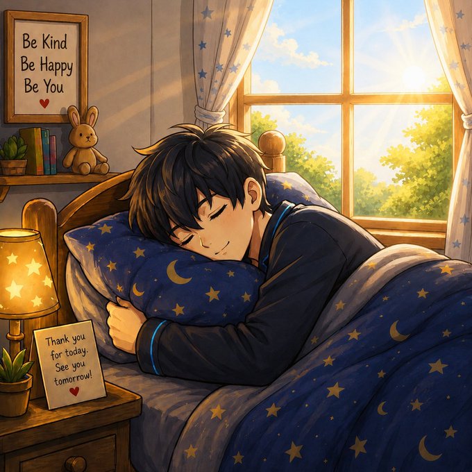 The image features a young boy sleeping peacefully in bed next to a window that has blue curtains. The scene includes a bed with a pillow featuring stars and a note from his friend saying "Good Morning Friends A fresh day, a fresh opportunity to grow onchain with Base Success isn' t built in a single day. It's built through small actions repeated consistently over time". This image is related to the post because it highlights the importance of consistent effort and growth, just like the boy who wakes up every morning ready for new opportunities and learning experiences.