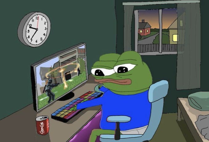 Cartoon illustration of a green frog character in a blue shirt playing a video game at a desk, with a clock on the wall showing 10:00.
