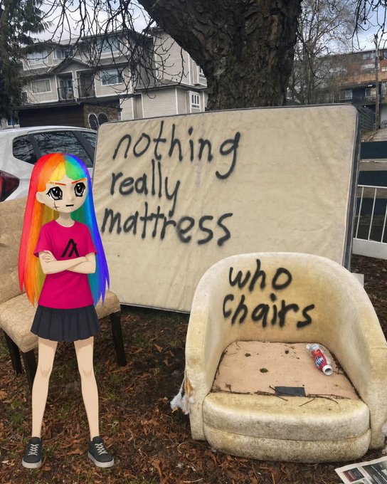 iced coffee cup with rainbow-colored handle, "NOTHING REALLY MATRESS" sign, and a white chair with graffiti on it.