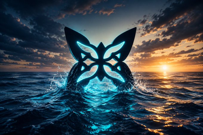 The image features an abstract butterfly sculpture made out of blue lights floating above the ocean water at sunset. The butterfly is positioned centrally within the frame, drawing attention as the main focus. Surrounding the butterfly are various elements that contribute to a larger theme or message in the image. These include the ocean and the sky, which create a serene atmosphere for the scene. Additionally, there's an accompanying text that reads "gQuip One thing I've noticed about @quipnetwork is that it keeps expanding the ecosystem instead of focusing on just one product. The wallets, node network, NFT mint, compute marketplace, and quantum infrastructure all connect to a bigger goal". This message highlights how interconnected different aspects of the digital economy are and emphasizes the importance of a holistic approach in the development and growth of such networks.