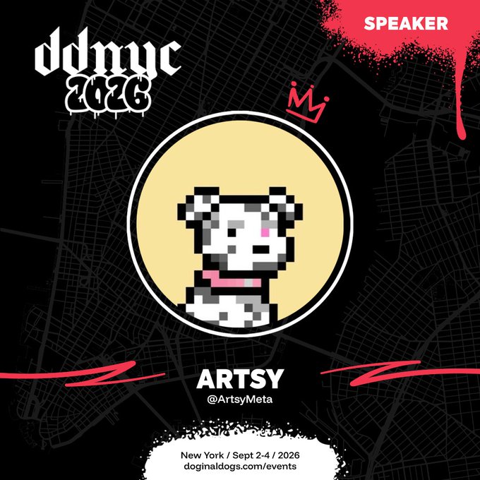 A promotional graphic for an NFT speaker character named 'ARTSY' (@ArtsyMeta), featuring pixel art on a dark city map background with text 'ddmyc 2026' and 'New York / Sept 2-4 / 2026'.