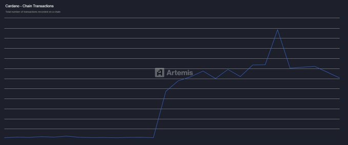 A line chart titled "Cardano - Chain Transactions" displays the total number of transactions recorded on the Cardano blockchain, showing a dramatic upward trend that aligns with the post's claim of a 4,457% increase in daily transaction count since the beginning of the year, with a notable spike appearing in the latter portion of the graph.