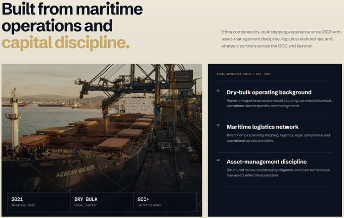 A presentation slide titled 'Built from maritime operations and capital discipline' about 'ETHRA' featuring an image of the 'AEGEAN BULKER' ship being loaded, with sections on dry-bulk, maritime logistics, and asset-management.