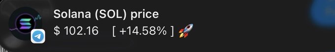The image shows a Telegram notification displaying Solana (SOL) at a price of $102.16, up 14.58%, with a rocket emoji indicating bullish momentum. This aligns with the poster's excitement about finally seeing SOL hit a three-figure (100+) price milestone.