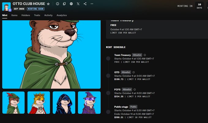 Screenshot of the OTTO CLUB HOUSE NFT minting page showing a team treasury mint for 'OttoList' with a cartoon otter mascot, displaying schedule details including Team Treasury, GTD, FCFS, and Public stage mints in October 2025.