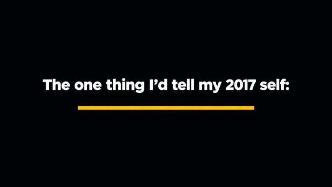 The image features a minimalist black background with white text reading "The one thing I'd tell my 2017 self:" underlined by a bold yellow bar. This sets up a classic hindsight reflection prompt, which the post answers humorously with advice to have bought BNB back in 2017, when its price was a tiny fraction of today's value.