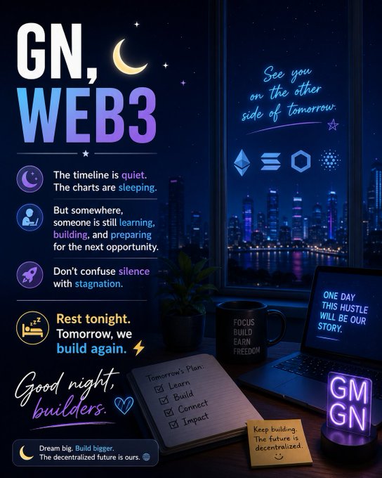 A motivational "Good Night, Web3 builders" graphic featuring a nighttime desk scene with a laptop displaying "ONE DAY THIS HUSTLE WILL BE OUR STORY," a neon "GM GN" sign, a notebook listing "Tomorrow's Plan: Learn, Build, Connect, Impact," and a sticky note reading "Keep building. The future is decentralized," alongside key text including "Lámina CCXXXV. DRENAJE DE ABSCESO ISQUIORRECTAL: EXCISIÓN DE FÍSTULA ANAL," "FOCUS BUILD EARN FREEDOM," and "Dream big. Build bigger. The decentralized future is ours." The image visually reinforces the post's message that restful nights fuel the relentless learning and building that define the Web3 builder ethos.