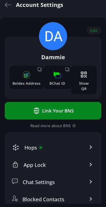The screenshot displays the Account Settings page of a messaging app, showing a user profile named "Dammie" with options for "Beldex Address" and "BChat ID," along with a prominent green "Link Your BNS" button. The image directly illustrates the post's point about Beldex's BChat offering an alternative to sharing phone numbers by using unique BChat IDs for communication.