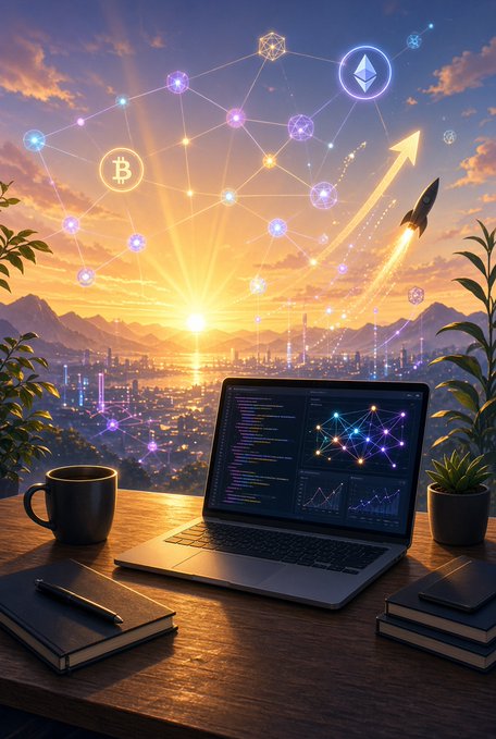 An illustrated workspace scene with a laptop showing code and charts on the desk, a rocket launching, and a network of nodes featuring Bitcoin and Ethereum logos against a sunset cityscape.