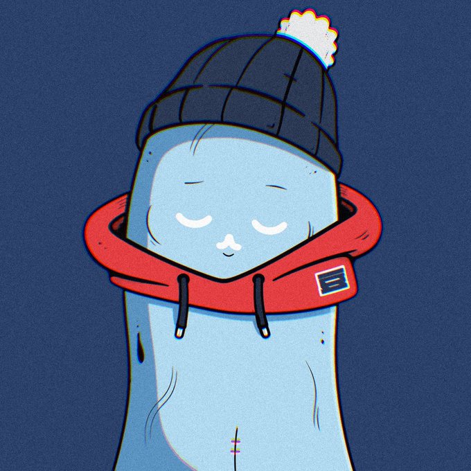 Illustration of a cute blue blob-like character wearing a black beanie with a pom-pom and a red hoodie, set against a dark blue background.