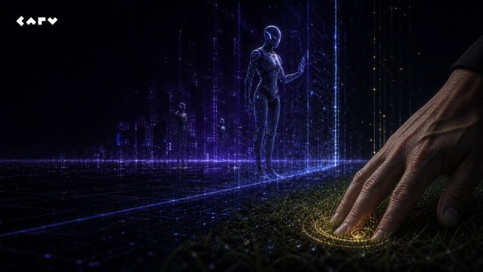 A holographic humanoid figure stands in a digital grid space as a human hand reaches down to touch the glowing grass below. The "KAFV" logo appears in the top left corner, visually contrasting the ethereal AI agent with tangible human connection to the real world.
