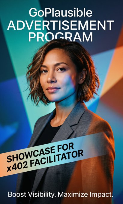 A promotional poster for the "GoPlausible ADVERTISEMENT PROGRAM" featuring a woman in a gray blazer, with the text "SHOWCASE FOR x402 FACILITATOR" and the tagline "Boost Visibility. Maximize Impact."