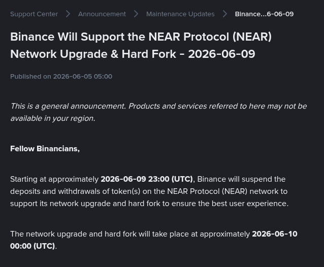 The image shows an email sent by Binance, a cryptocurrency exchange platform, to its users. The email contains information about a network upgrade for the Near Protocol version 83. It explains that the Near protocol has been updated to version 84 and mentions that users should reshard their accounts within a few hours of the upgrade. The email also provides instructions on how to reshard an account using the Near protocol, which is posted in the image.