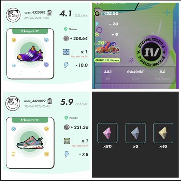 StepN GO app screenshots showing two sneakers (LV6 and LV7) with stats including distances of 3.53Km and Gems stats, alongside 30 Sneaker Gems (+22 Gems) and gem icons.