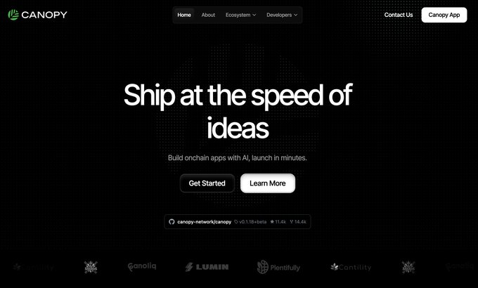 A screenshot of the Canopy website homepage displaying the tagline 'Ship at the speed of ideas' with navigation links including Home, About, Ecosystem, Developers, and Contact Us.