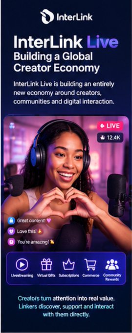 Promotional graphic for 'InterLink Live' featuring a smiling female streamer with headphones forming a heart shape with her hands, with text reading 'Building a Global Creator Economy' and stats showing a LIVE stream with 12.4K viewers.