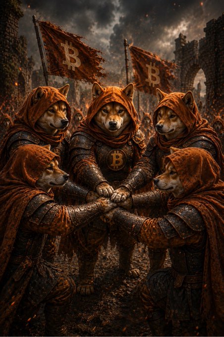 AI-generated digital artwork depicting a group of armored Shiba Inu dogs with red Bitcoin flags and hooded capes, standing together in a medieval setting.