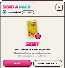 A mobile app screen displays a 'SEND A PACK' confirmation, showing a 'SENT' status for a 1 Pokémon $25 pack sent to '@nuelso!'.