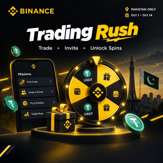 A Binance "Trading Rush" promotional banner for Pakistan (Oct 1 - Oct 14) featuring a spinning prize wheel with USDT rewards, gift boxes, and tasks like First Trade, Invite a Friend, and Try a Product.