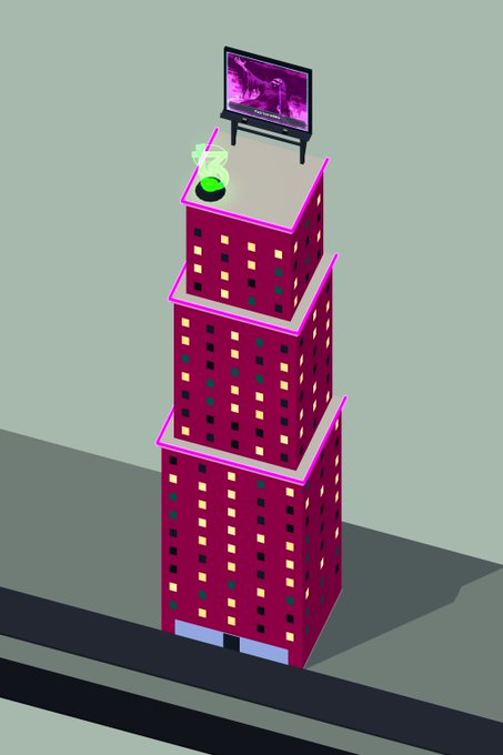 A 3D illustration of a stylized, stepped magenta building topped with a small flat platform holding a television displaying a purple image and a small potted plant.